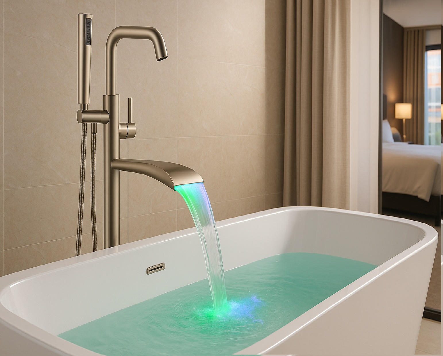 Vienna double-handle gold bathtub faucet on deck-mounted tub in hotel bathroom